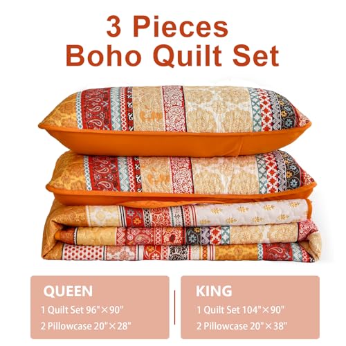 Colcha boho king de microfibra suave WONGS BEDDING con acabado a rayas naranja y diseño textil 8