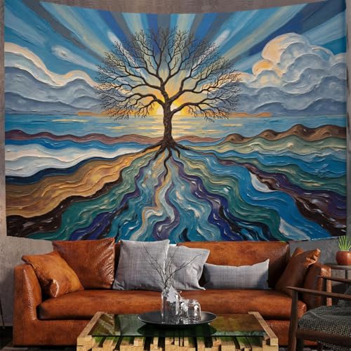 Tenture murale arbre bleu MULERN pour créer un coin yoga et détente