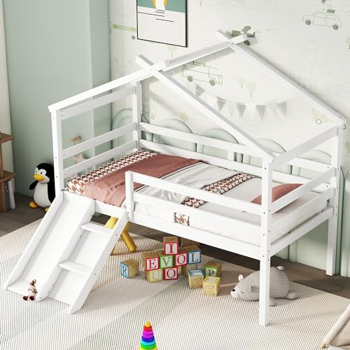 Wekuku Twin Low Loft House Bed with Slide Ladder, Guardrails, Roof Frame – Fun Safe Kids Bedroom in White