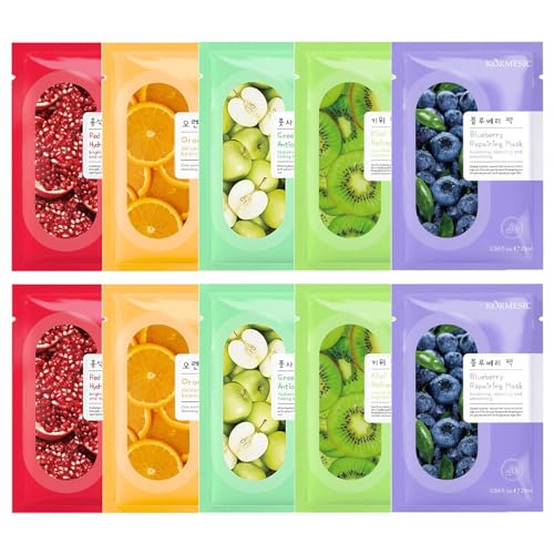 ILOVMUP 10 PCS Fruits Sheet Mask Set, Hydrating, Soothing, Anti-wrinkle, Brightening Face Masks, Vegan Sheet Masks Multipack, Korean Face Mask for All Skin Types (25ml*10)