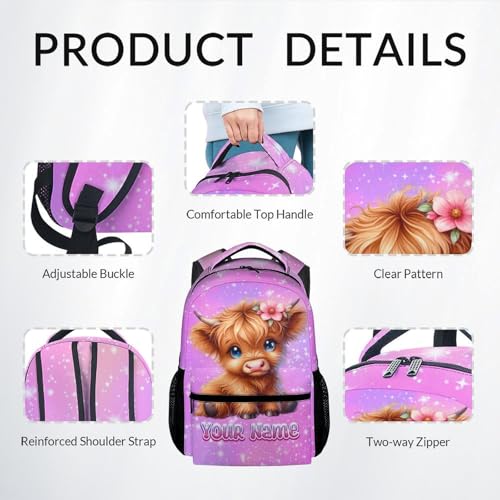 Personalized Girls Backpack, Highland Cow Backpacks for School, Custom Kids Bookbag, 17 Inch Cute Book Bag for Kindergarten Elementary4