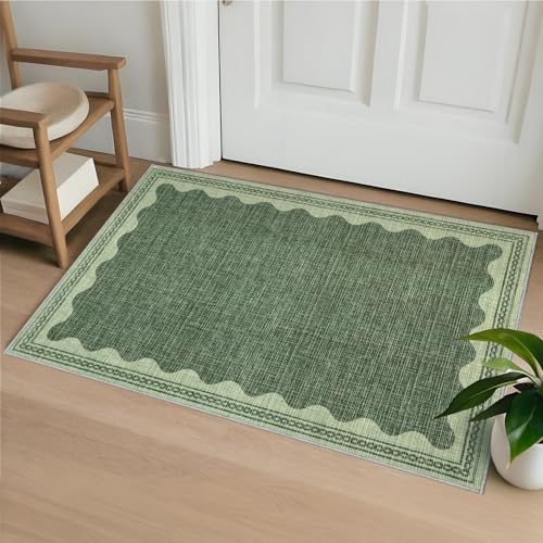 CAREMEE 2x3 Scalloped Area Rugs Green Washable Entryway Bedroom Rug