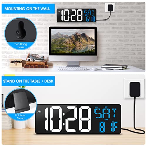 Large Digital Wall Clock With Remote Control, 16.5" Led Display With Adjustable Brightness,Dst,Date,Temperature,Timer,Alarm.perfect For Seniors,Gym,Office,Living Room Decor (White And Blue) #TOP1