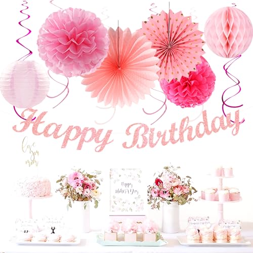Image of Light Hot Pink Birthday Party-Decorations - 21pcs Girl Happy Banner,Paper Lanterns Honeycomb,Tissue Pom Poms Flower Fan,Hanging Streamers Garland,18th 21st 30th Women Birthday Decor Supplies Huglony