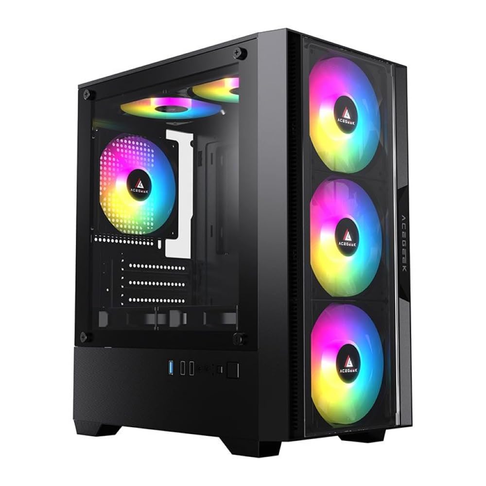 Acegeek Stratus Glass Mid-Tower PC Case, front view with illuminated RGB fans.