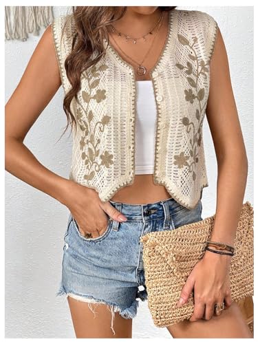 GORGLITTER Women's Western Cowgirl Rodeo Outfit Boho Crochet Floral Sleeveless Cropped Sweater Vest Knit Tops Cardigan4