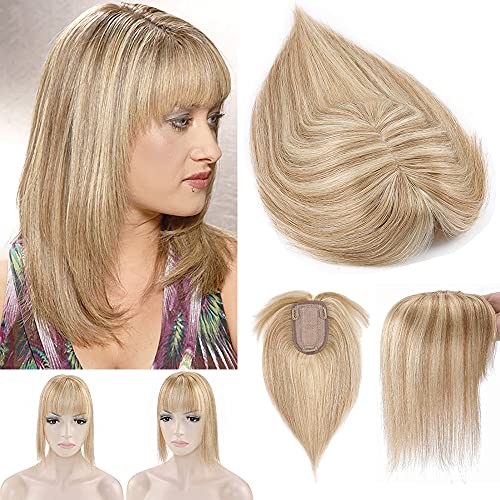 SEGO 100% Real Human Hair Toppers with Bangs 150% Density Silk Base Clip in Topper Top Hair Pieces for Women with Thinning Hair 6 Inch 12P613# Golden Brown&Bleach Blonde 27g