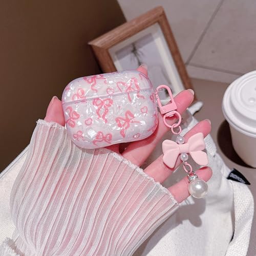 Image of MINSCOSE for Cute Glitter AirPods Pro 3rd Generation Case (2025) with Cleaner Kit,Shell Pattern Bow Ribbon Trendy Design with Bowknot Pearl Keychain for Girls Women for Airpods Pro 3-Pink