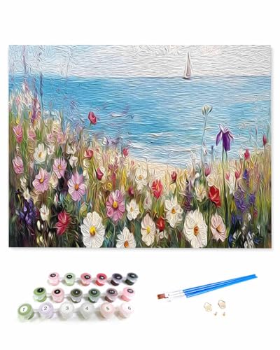 VamJump 数字油絵 手塗り 風景 花 春 海 油絵 DIY絵 初心者 時間をつぶす 壁飾り アートクラフト 絵画手芸キッ 絵の具をつける 塗りつぶし掛け 30x40cm