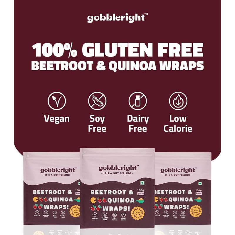 Image of GOBBLERIGHT Beetroot & Quinoa Wraps 150g (6 Wraps - Pack of 2) | 67 Kcal Per Wrap | Healthy Frozen Multigrain Tortilla for Burrito, Shawarma, Tacos | Low-Calorie & High-Protein | Gluten Free & Vegan