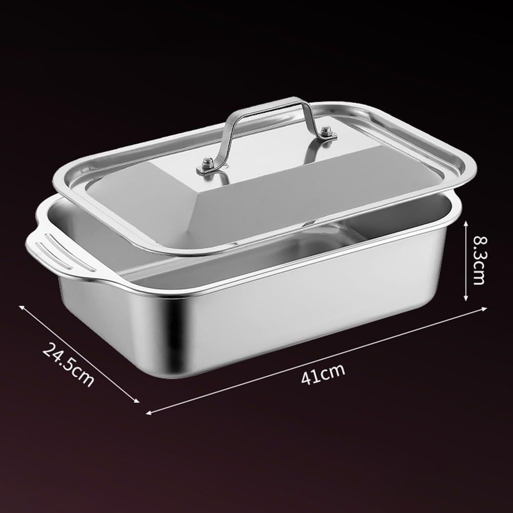 Padella per lasagne in acciaio inossidabile di grado commerciale con coperchio, 45,7 x 27,7 cm, profonda, con manici, spessore 2 mm, vassoio sicuro per casseruole/arrosti (profondità 41)