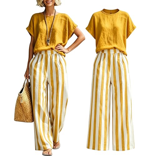 KALIHANA Women’s Cozy Loose-Fit Striped Two-Piece Set, Breathable Linen, Relaxed