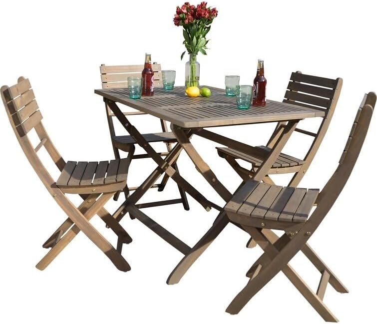 Rectangular 4 - Person Outdoor Dining Set, Piece Foldable Outdoor Patio Dining Set - 4-Chairs and 1 Table - Teak Oil Finish. (White)