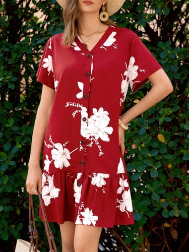 Image of Imysty Womens Polka Dot V Neck Button Down Ruffles Loose Mini Short T-Shirt Dress