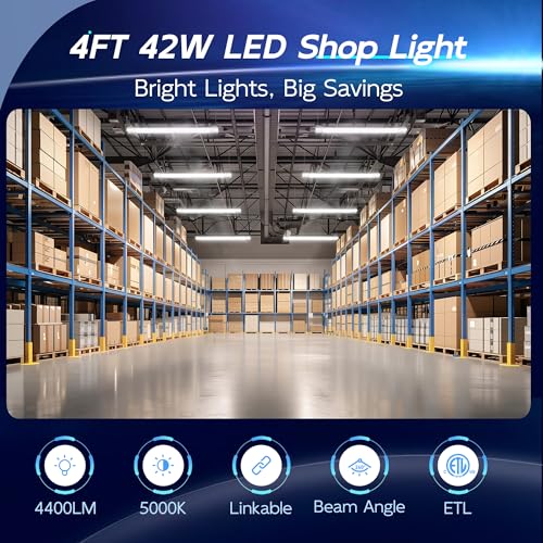 Image of hykolity 4FT LED Shop Light,4400LM,42W [250W Equivalent], 5000K Daylight | Utility Linkable Shop Light Fixture,Hanging or Surface Mount, with Power Cord,Shop Lights for Workshop,ETL,White,6 Pack