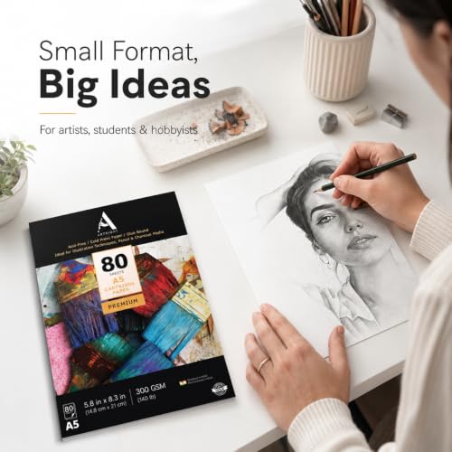 Image of ArtRight Artists' Sketching Paper (A5 Pack of 80 Sheets, 300 GSM); Handmade Cartridge Mixed Media Sheets of 300GSM for Pencil, Charcoal and Ink Media