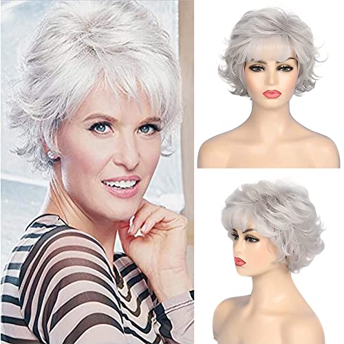 Dai Cloud Short Grey Wig for Women Curly Wavy Wig With Bangs Old Lady Natural Looking Layered Fluffy Daily Cosplay Halloween Hair Wigs