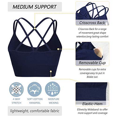 Wanayou Stappy Sports Bra For Women Sexy Cross Back Medium Support Yoga Bra With Removable Cups Criss Cross Back Workout Bras For Running Fitness Athletic 3 Pack (3 Pack(Black+White+Blue), Medium) #TOP6