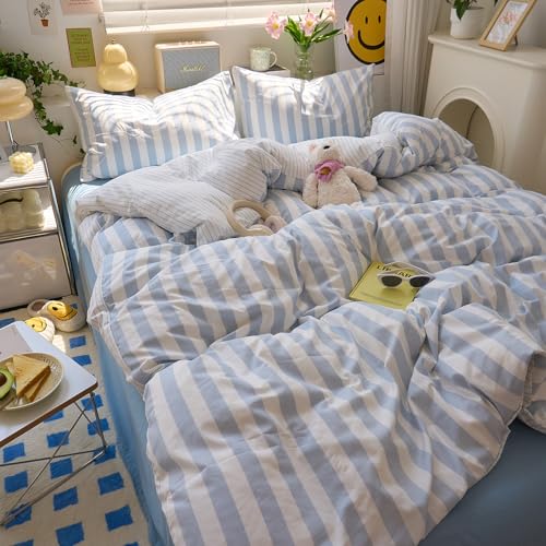 Image of Blue Striped Comforter Set Full Size, Vintage Blue White Stripes Pattern Printed Comforter with 2 Pillowcases, Breathable Soft Lightweight Bedding Comforter Boho Farmhouse Striped Comforter Set