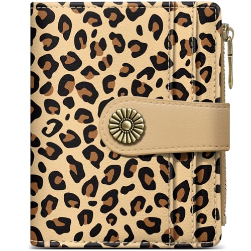 Image of Small Wallet for Women, RFID Blocking Bifold Card Holder Wallet with 10 Card Slots, Cash Compartment, Zipper Coin Pocket & ID Window, Cute Soft Vegan Leather Compact Wallet, Leopard