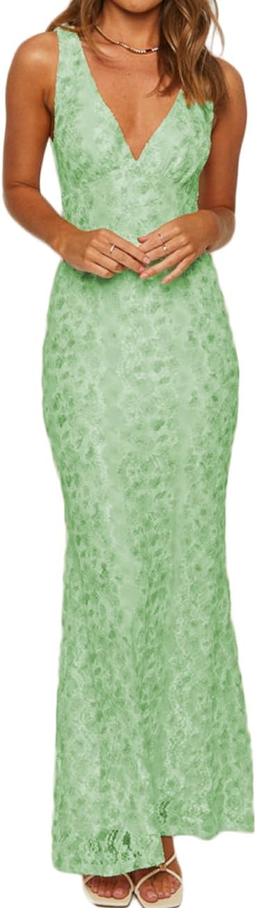 Elegant Lace Floral V Neck Backless Bodycon Dresses for Women Sexy Cut Out Low Back Sleeveless Maxi Dress Wedding Guest