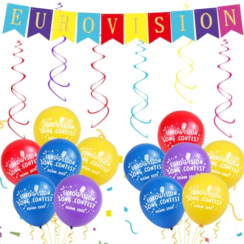 Eurovision 2026 Party Decorations Set12Pcs Balloons + Eurovision Bunting + 6Pcs Hanging SwirlsEurovision Viewing Party Supplies UK for Home Bar Pub Eurovision Night Decor