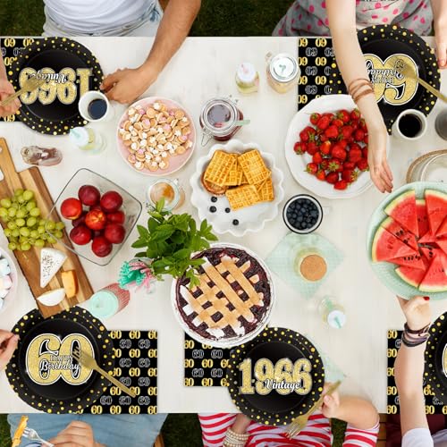 Image of 200PCS 60th Theme Birthday Party Tableware Vintage 1966 Party Supplies 60 year old Birthday Party Decorations Plates Napkins Forks Black and Gold Dinnerware Favors for Men or Women