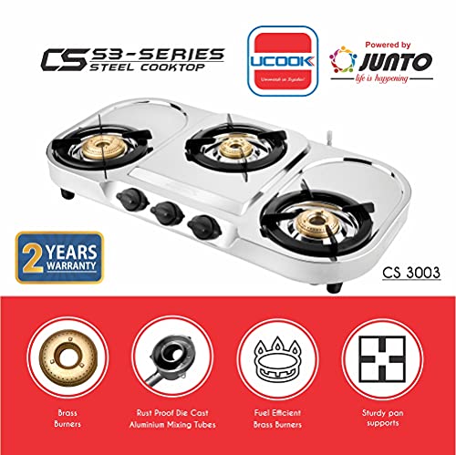 Image of UCOOK JUNTO Manual Premier Xtra Large 3B Series 3 Burners Gas Stove Stainless Steel Cooktop, Steel Grey