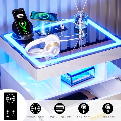 Image of HNEBC Auto LED Nightstand Set of 2, White Night Stand with Charging Station & USB Ports, High Gloss Bedside Table has 2 Drawers,Modern End Side Table for Bedroom (White)