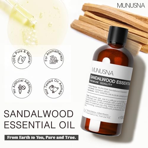 Image of Sandalwood Essential Oil for Skin, Hair, Body Care, Diffuser, 100ML | Pure and Natural, Sandalwood Oil for Massage, Home Aromatherapy, Sleep Relaxation, Yoga, Soap Candle Making, 3.38 Fl Oz