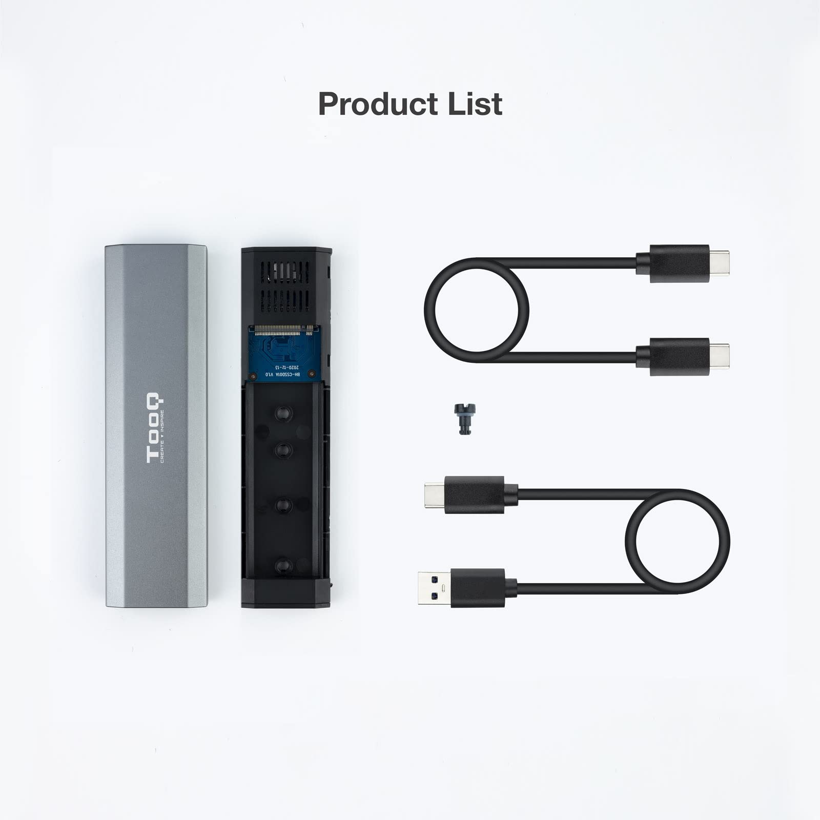 TOOQ TQE-2223G obudowa do dysku SSD M.2 NVMe PCIe, złącze USB-C (USB 3.1 Gen2 10 Gb/s), aluminium, łatwe otwieranie, kolor szary, 42 g.