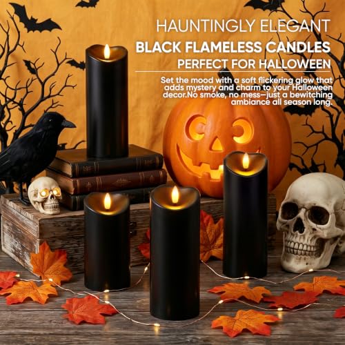 Image of Raycare 6 inchx3 inch Outdoor Waterproof Flameless Candles with Remote and Timer, Battery Operated LED Electric Fake Pillar Candle for Halloween Home Wedding Decor, Black, Set of 2
