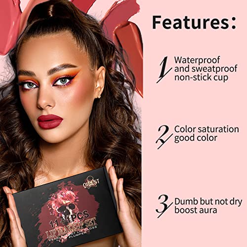 Aseawave 11Pcs Dark Matte Liquid Lipsticks + 1Pcs Lip Plumper Makeup Set, 24 Hour Long Lasting Matte Lipstick Lip Stain Lip Gloss Set-White/Red/Vampire/Green/Black/Smoky Ash Gray/Purple/Blue #TOP1