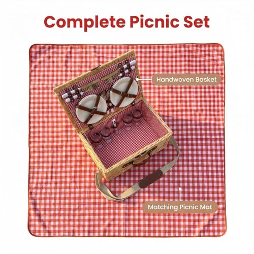 Image of Multifunctional Wicker Picnic Basket Set for 4 Blanket Family Folding Wine Table,Insulated Portable Extra Big Storage Capacity Woven Rattan Canasta De Full Tablewares Camping Outdoor Flowers Pink