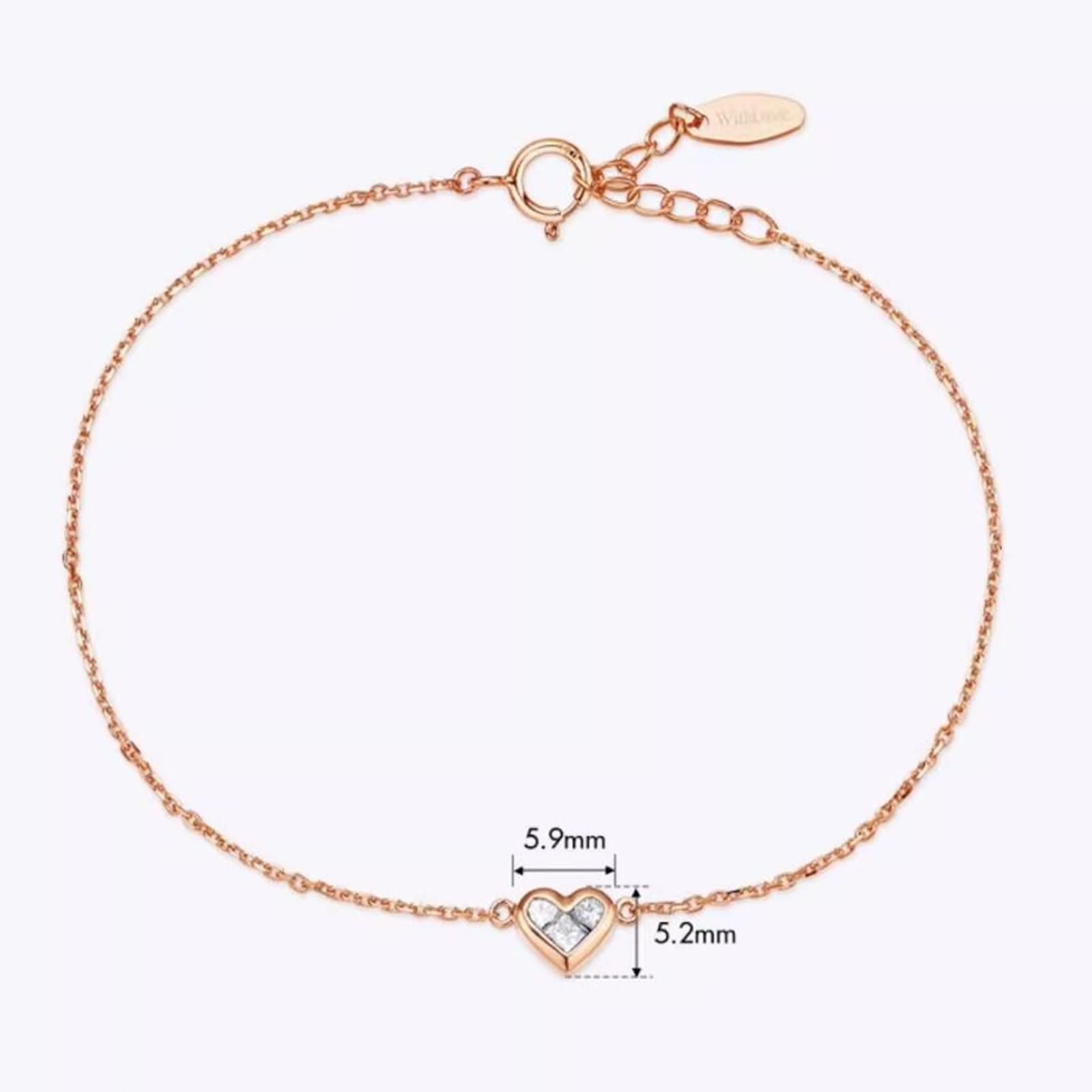 Pulseras de Mujer de Oro Rosa 9K / 14K / 18K, Corazón con Diamante, Cadena Extensible 16 CM + 5 CM, Pulseras de Mujer Ajustable Oro Rosa