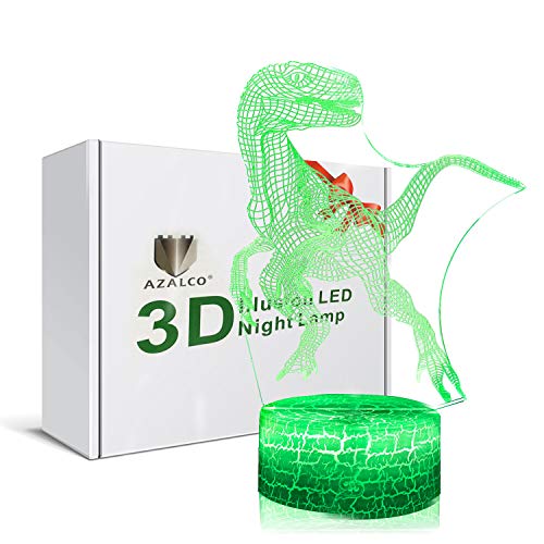 AZALCO 3D Illusion Velociraptor Dinosaur Night Lamp, 7 Color Change, Touch White Crack Base