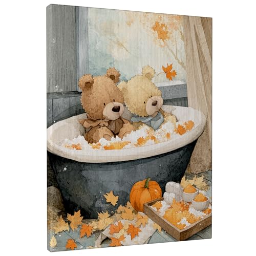 Autumn Bear Bath Canvas Wall Art, Orange Brown Cute Teddy Bears Print, Cozy Fall Home Decor for Living Room, Bedroom, Bathroom, Wrapped Canvas 8x10 Inch