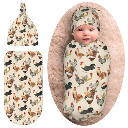 Image of WELBB Rooster Chickens Baby Girl Boy Gifts Newborn Swaddle Blanket with Beanie Set,Stretchy Receiving Blanket Newborn Essentials Funny