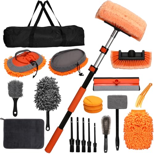 PuliKit 21Pcs Car Wash Kit with 60 Heavy-Duty Extension Pole Soft Car Wash Brush Wheel & Tire Brush Scratch-Free Car Mop Mitt & Window Squeegee Detailing Tool for Car Exterior & Interior Cleaning