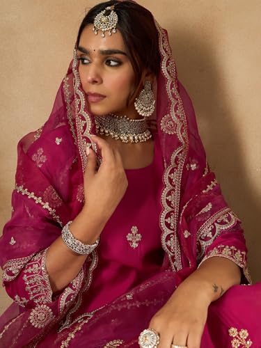 Image of INDO ERA Women's Silk Blend Embroidered Straight Kurta Pant with Dupatta (Iestr6307)
