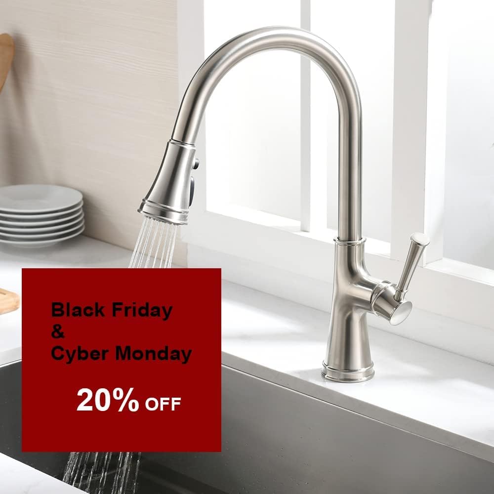 Exclusive Discount 70% Price Brushed Nickel Kitchen Faucet with Pull Down Sprayer, Oakland Single Handle High Arc Kitchen Sink Faucet Single Hole Farmhouse Kitchen Faucet with 3 Function Spray Head for Laundry RV, KSK1129-BN