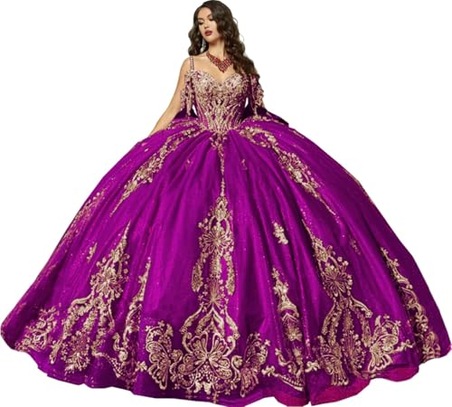 Gold Lace Quinceanera Dresses Ball Gown Glitter Tulle Off Shoulder XV Dress Appliques Puffy Sweet 15 16 Dress Bow Train2