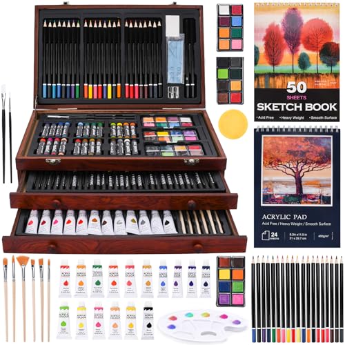 KIMIGO Maletin Pinturas para Niños,Set de Pintura,Caja de Madera Delux y Kit de Dibujo con Lápices de Colores,Pinturas de Acuarela,Crayones,Lápices HB,Pincel,Pastel y Más Ideal para Principiantes