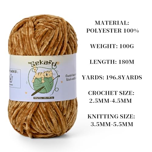 Image of Fuzzy Chenille Yarn for Crocheting, Fluffy Amigurumi Crochet Yarn for DIY Craft /Hat /Shoes, (100g /197yds) Soft Velvet Baby Blanket Yarns(Brown)