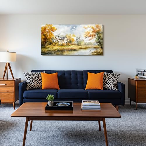 SERIMINO Rustic Landscape Large Wall Art, Forest Lake Cottage Painting Art Prints, Countryside Autumn Scenery Home Decor Artwork, Nature Canvas Wall Pictures for Living Room Bedroom Farmhouse 24"X48"