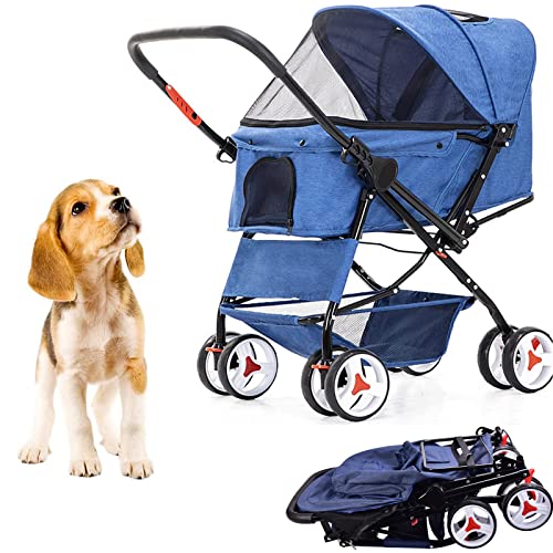 Dog Stroller with Reversible Handle Folding Pet Stroller for Dogs/Cats with 4 Wheels Puppy Stroller for Small or Medium…
