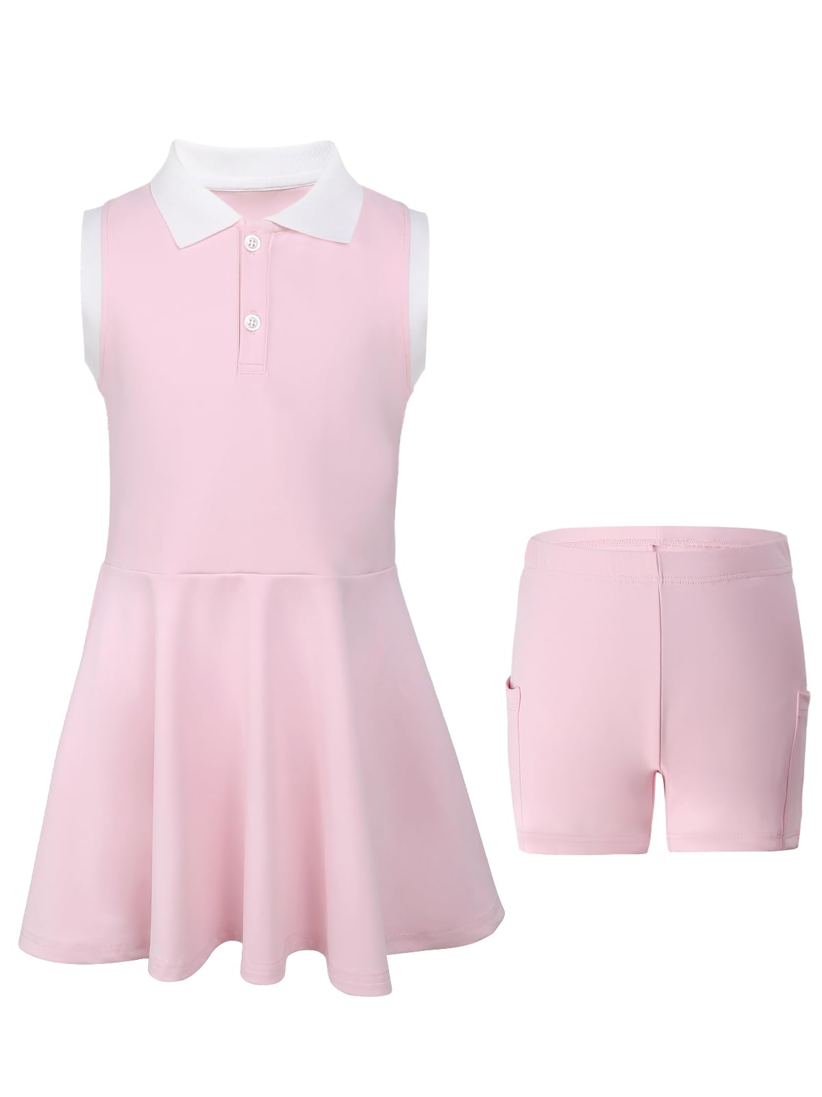 Girls Tennis Dress Kids Polo Golf Dress with Separate Shorts Pockets Sleeveless Toddler Tennis Outfit 5-15 Years Pink 5-6 Years