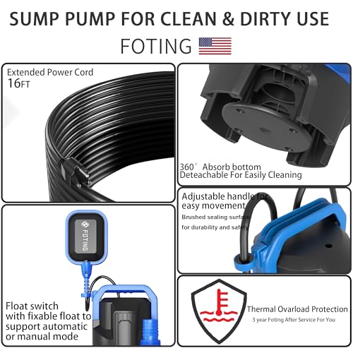 Image of FOTING 1.5HP Sump Pump, 6300GPH High Flow Clean&Dirty Submersible Water Pump with Float Switch, Thermoplastic Electric Portable Utility Pump for Pool Draining Hot Tub Garden Basement