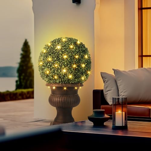 20” Artificial Plant Topiary Ball, Pre-Lit Artificial Topiary Plant with 50 Lights, Timer and Remote Control, Artificial Outdoor Porch Trees with Sturdy Pot for Outdoor Indoor,Red Urn Base 2 pcs