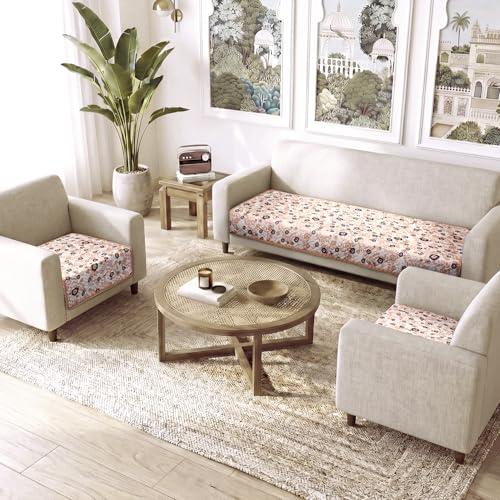 Image of HOKIPO 'Homehues Series' Printed Quilted Sofa Cover Mat for 5 Seater Set - Light Peach Candytuft (IN-806 * 2 + IN-809 - D6)